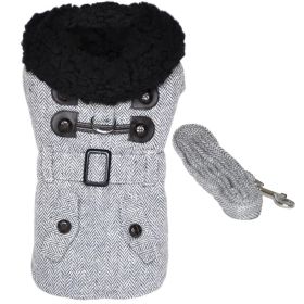 Grey Herringbone Designer Dog Harness Coat with Matching Leash | Wool Blend Winter Coat (size: X-Large)