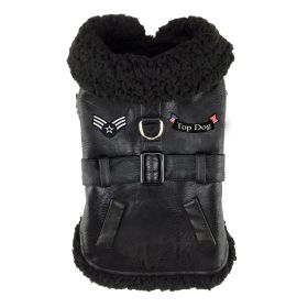 Top Dog Flight Harness Coat | Black Faux Leather Dog Jacket with Matching Leash (Color: Black, size: large)
