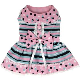 Dots & Stripes Dog Harness Dress with Matching Leash | Boutique Spring Dog Dress (Color: Pink & Teal, size: large)