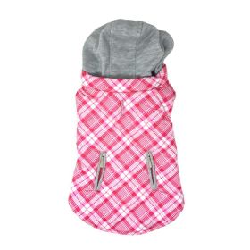 Weekender Dog Sweatshirt Hoodie | Flannel Dog Jacket with Removable Hood (Color: Pink & White Plaid, size: large)