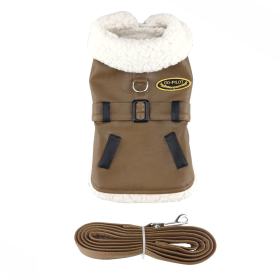 Brown & Black Faux Leather Bomber Dog Harness Coat with Matching Leash | Aviator Dog Jacket (size: small)
