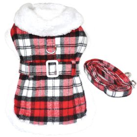 Sherpa-Lined Plaid Dog Harness Coat with Matching Leash | Warm Winter Dog Coat (Color: Red & White Plaid, size: X-Small)