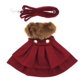 Wool Fur-Trimmed Dog Harness Coat with Matching Leash | Burgundy Winter Dog Coat (Color: Burgundy, size: medium)